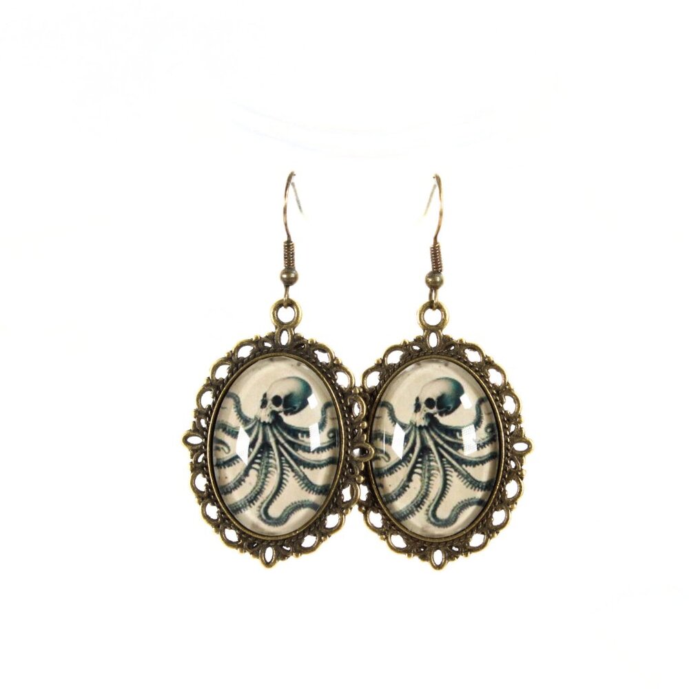🔨 Gothic Victorian "The Kraken's Curse" Steampunk Octopus Skull Cameo Earrings